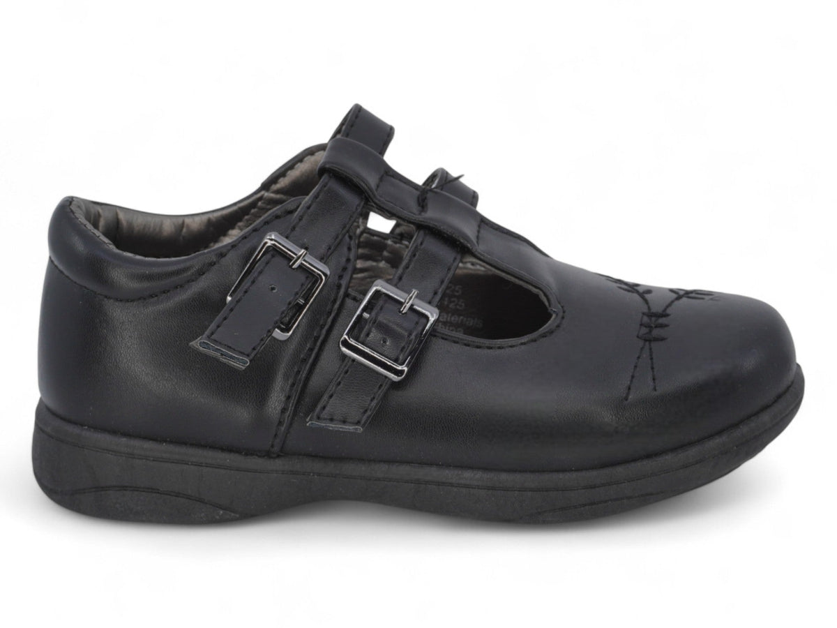 Girls` Black T-Strap School Shoe