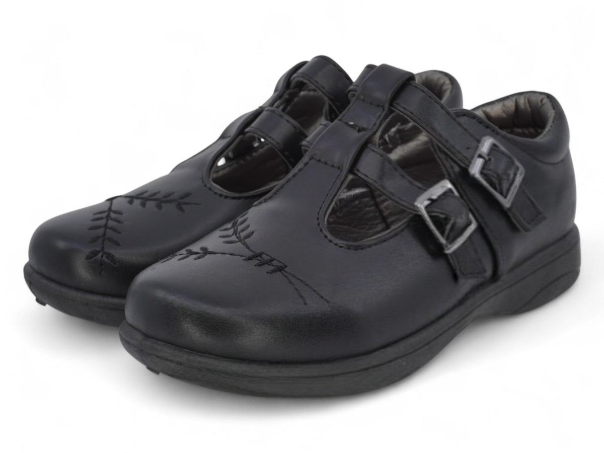 Girls` Black T-Strap School Shoe