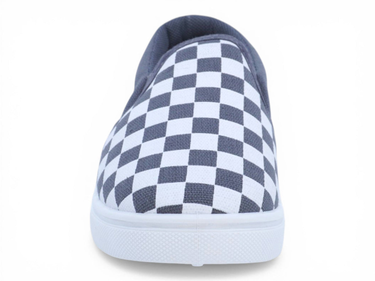 Boys` White and Gray Checker Canvas Slip On
